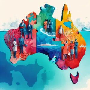 Contract Management in Australia - contractors standing on the Australian map digital image