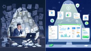 illustration of a messy desk on the left with contracts strewn everywhere and an organised contract app on the right