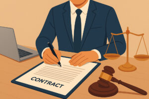 A carton image of a man signing a contract
