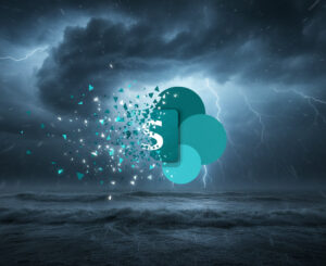 SharePoint logo disintegrating above a storm as lightening strikes the logo